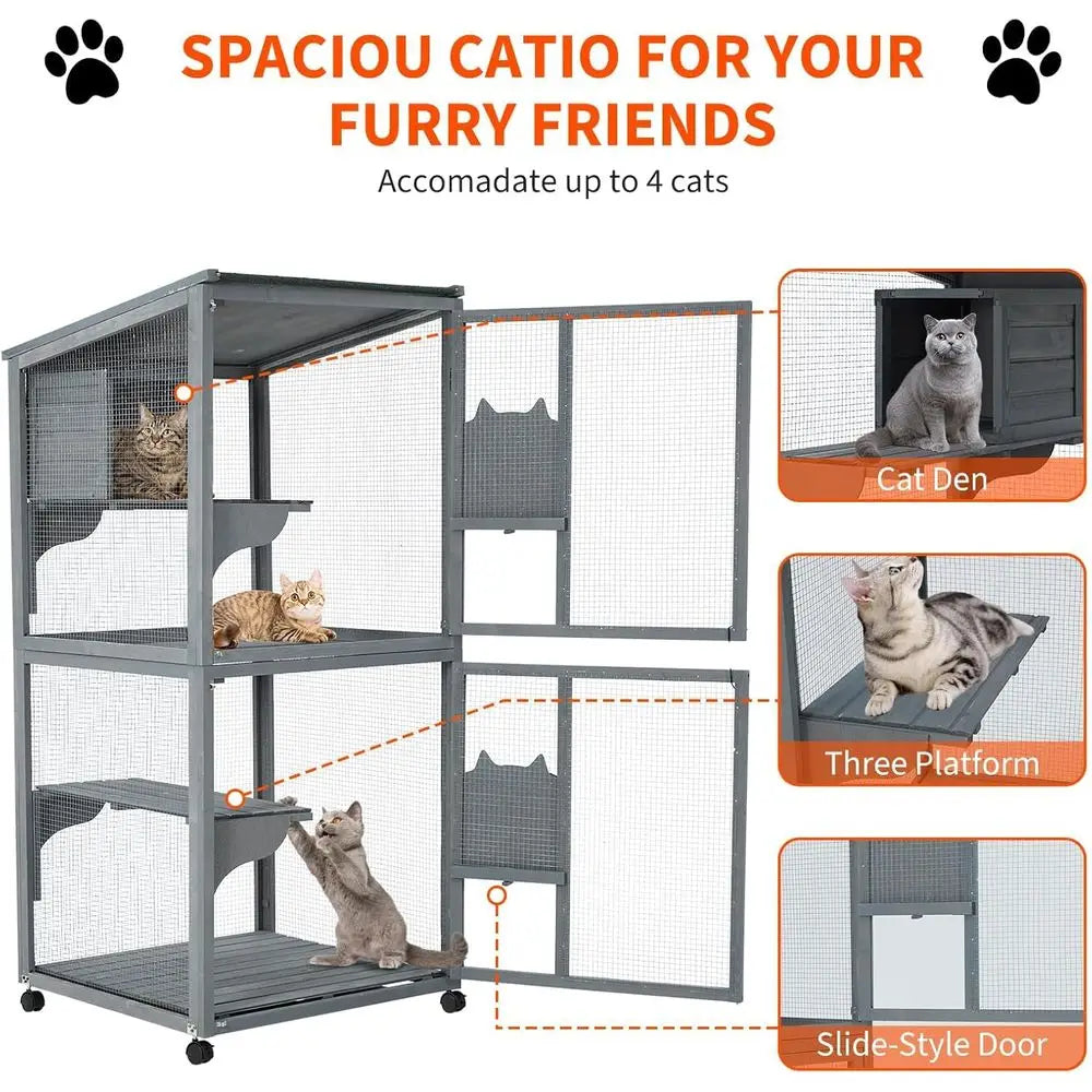 Waterproof Outdoor Indoor Catio Enclosure With Lockable Wheels