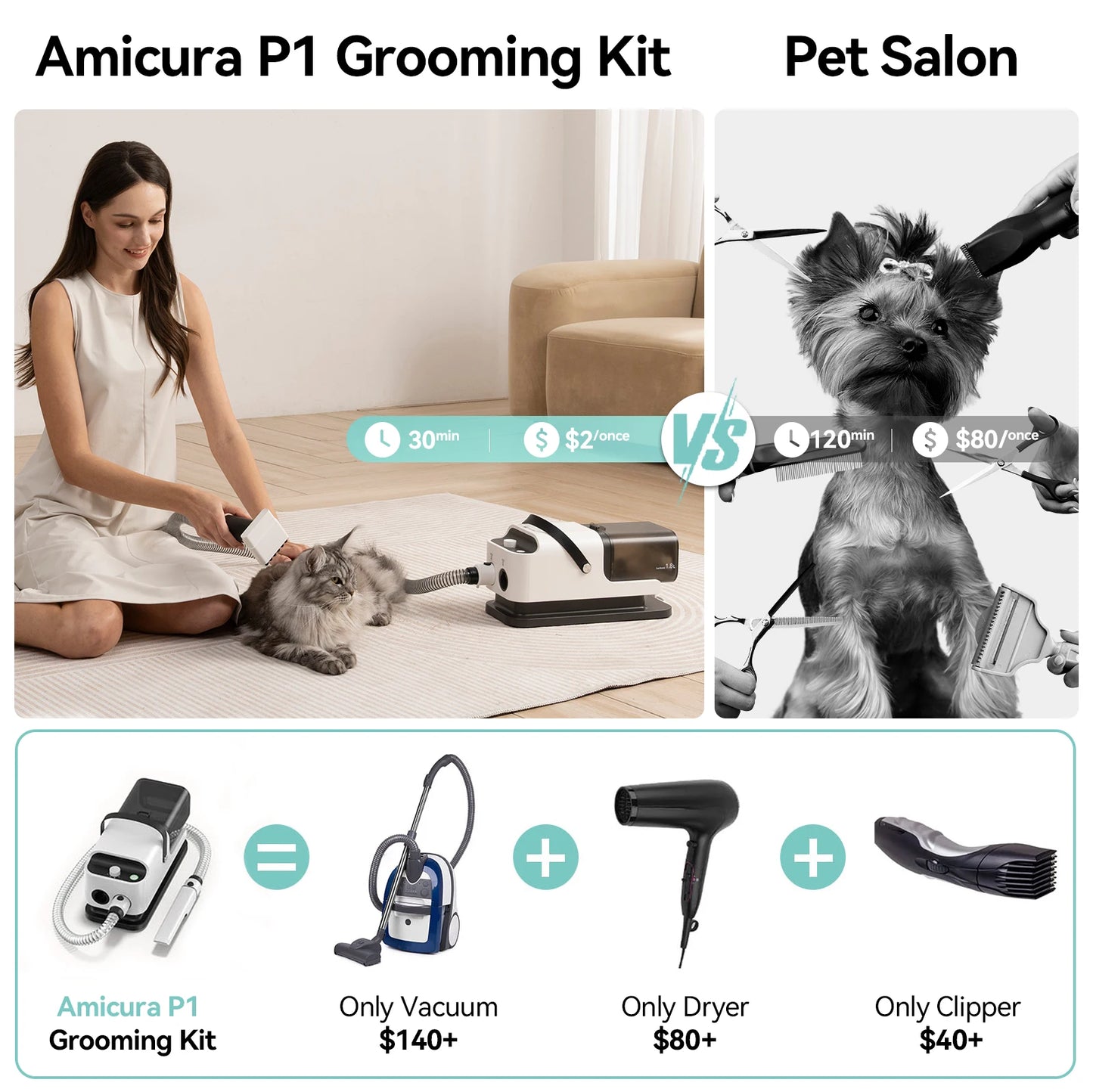 P1 Vacuum Cleaner Hair Dryer 15kPa Pet Grooming Kit Pro