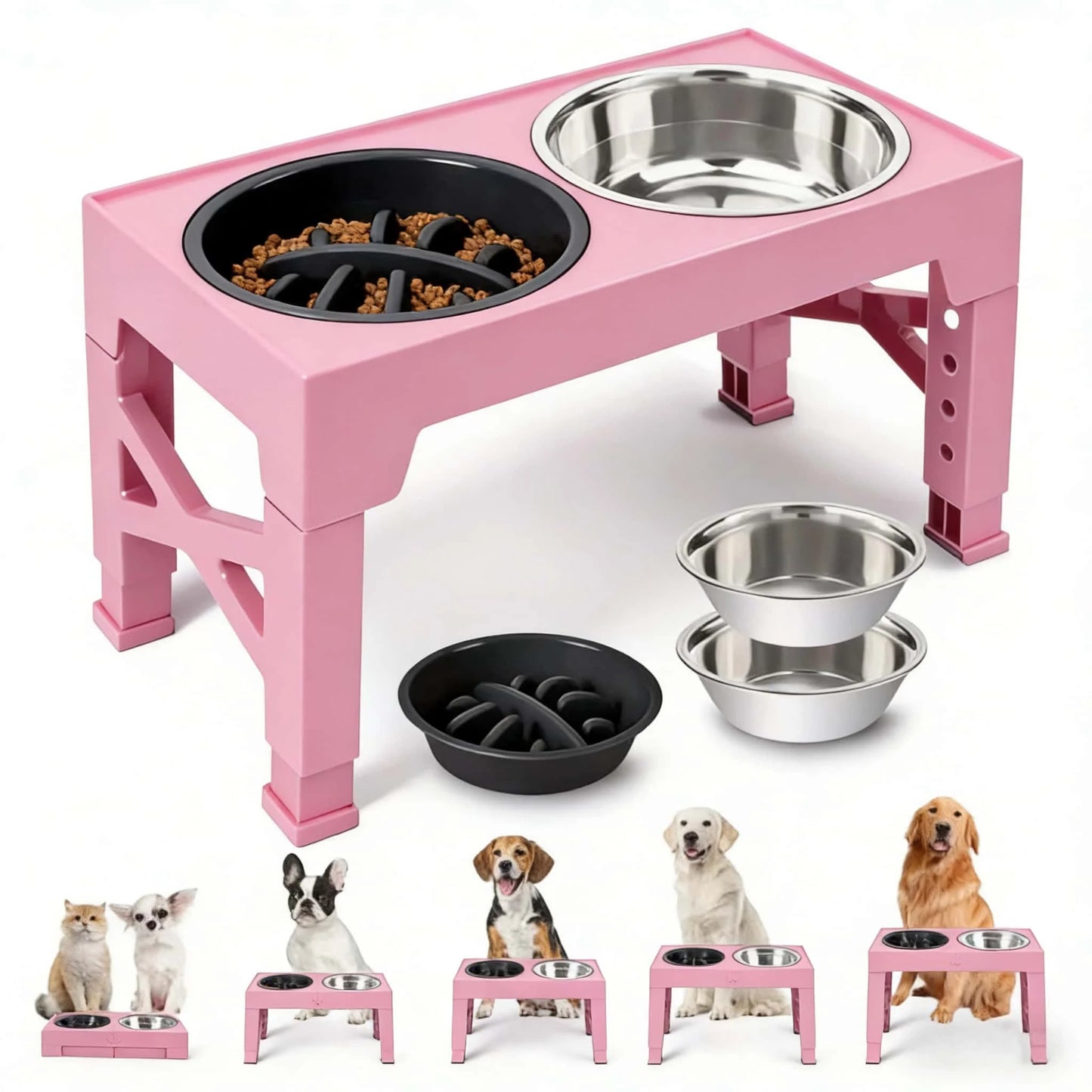Adjustable Elevated Dog Bowls With Feeder Stand And Stainless Bowls