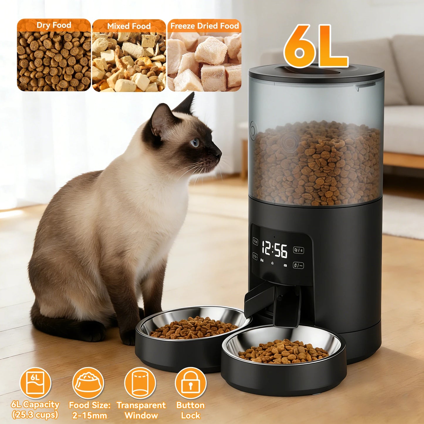 Automatic Cat Feeder With Timed Dispenser And Dual Stainless Bowls