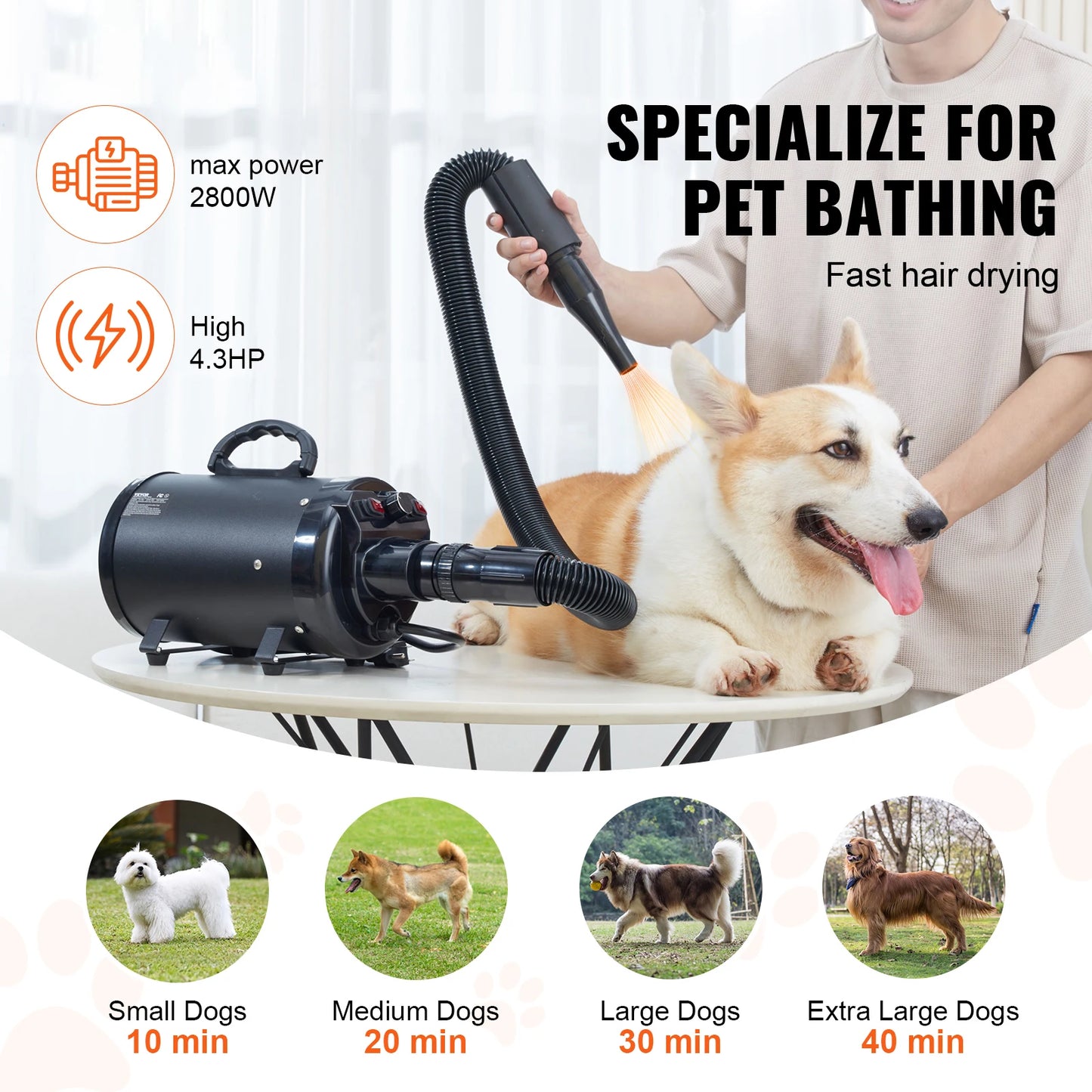 SucceBuy 2000W Dog Dryer With Adjustable Speed And Temperature Control 4 Nozzles