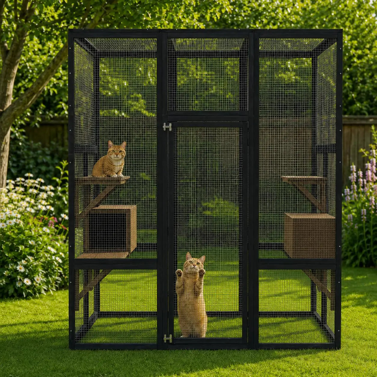 HiMISS Outdoor Cat Enclosure Catio Wood House With UV Roof And Platforms
