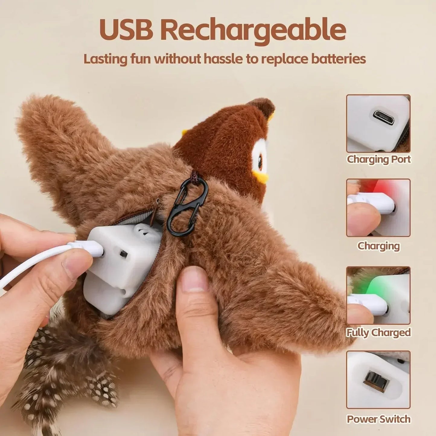 Bird Shaped Cat Toy Rechargeable Chirping Flapping Squeak Plush