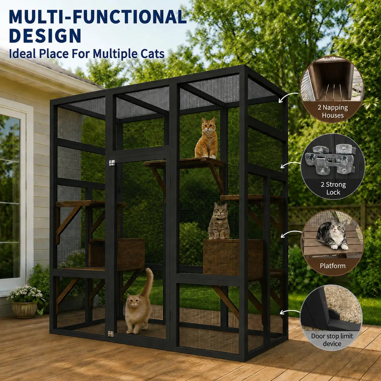 HiMISS Outdoor Cat Enclosure Catio Wood House With UV Roof And Platforms