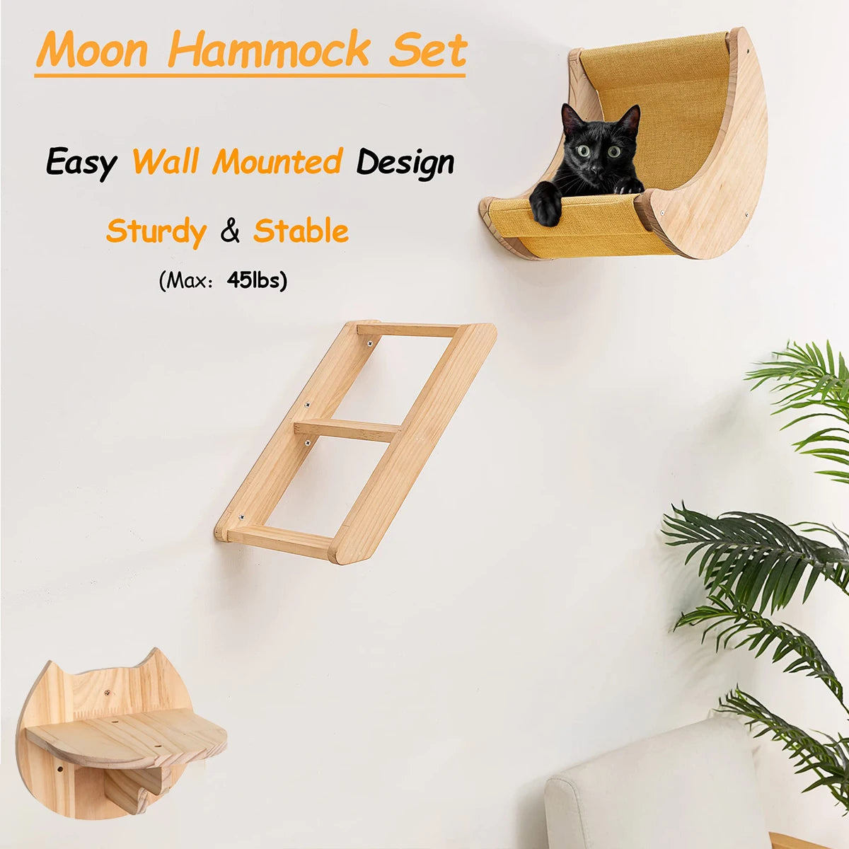 PETRAVELCN Cat Moon Shaped Wall Shelf Hammock Climbing Steps
