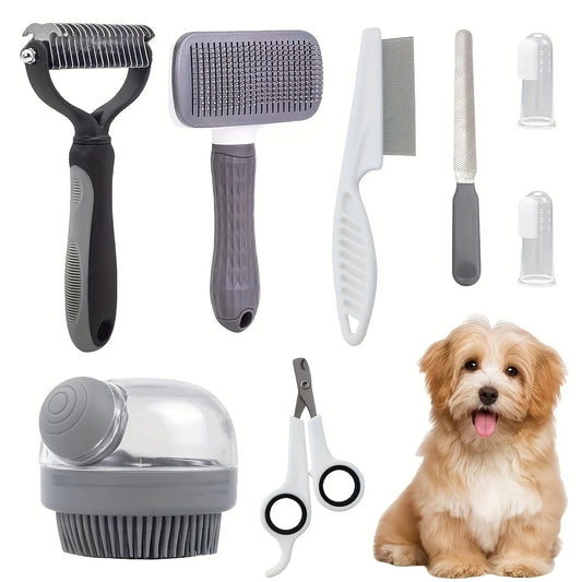Hign-concerned 8 Piece Dog Grooming Kit Self Cleaning Nail Clippers Flea Comb