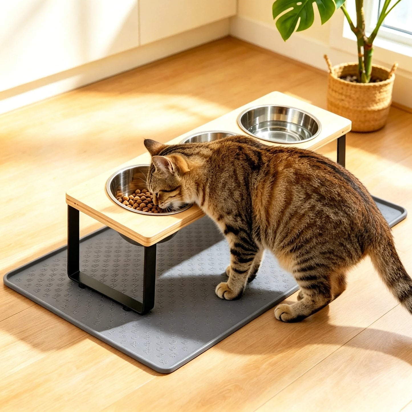Elevated Cat Feeder With 15 Degree Tilt Bamboo Iron Stand Stainless Bowls