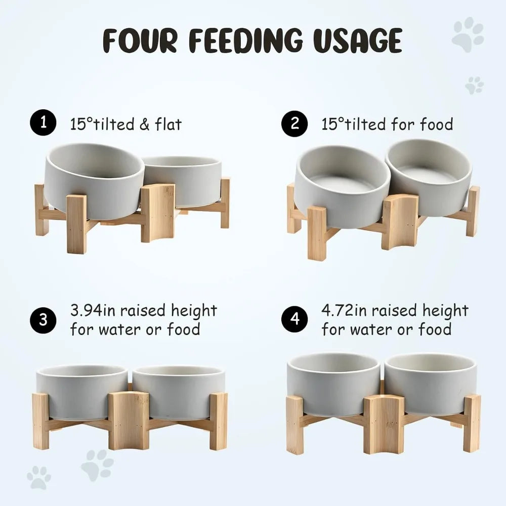 Slanted Ceramic Pet Bowl With Wooden Stand Non Spill For Cats And Medium Dogs