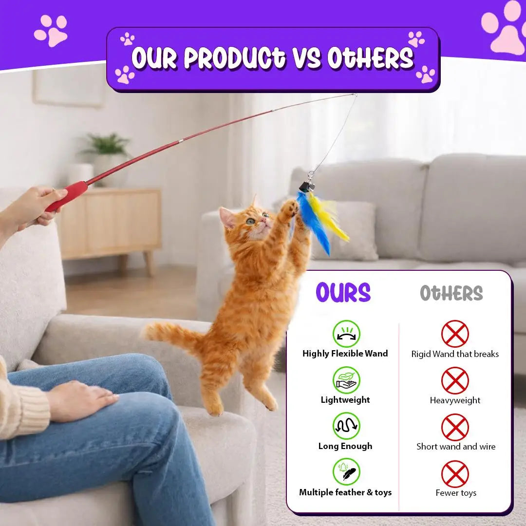 Interactive Cat Wand Toy With Feather Refills Retractable Pole Indoor Play
