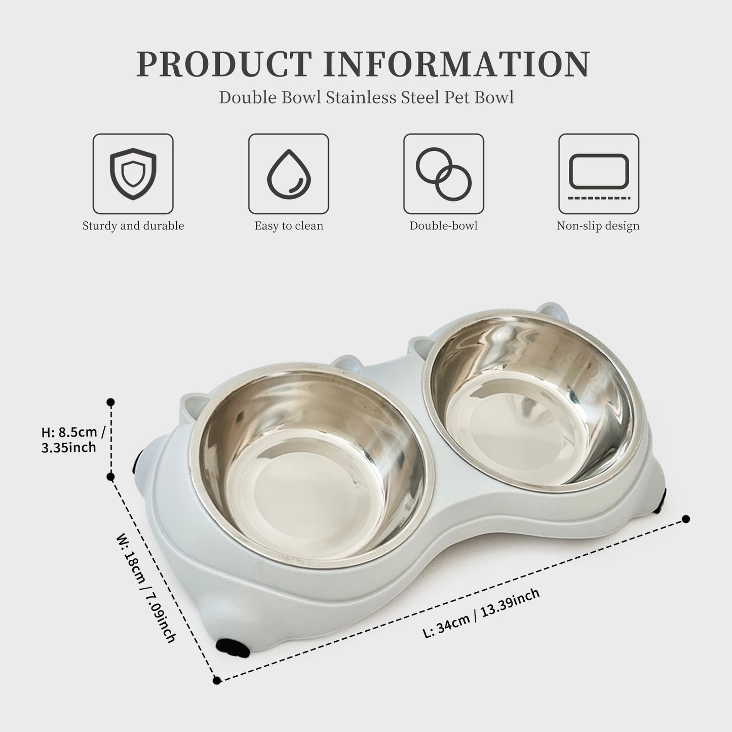 Non Slip Stainless Steel Pet Food Bowl Dual Bowls With Non Skid Base 600ml