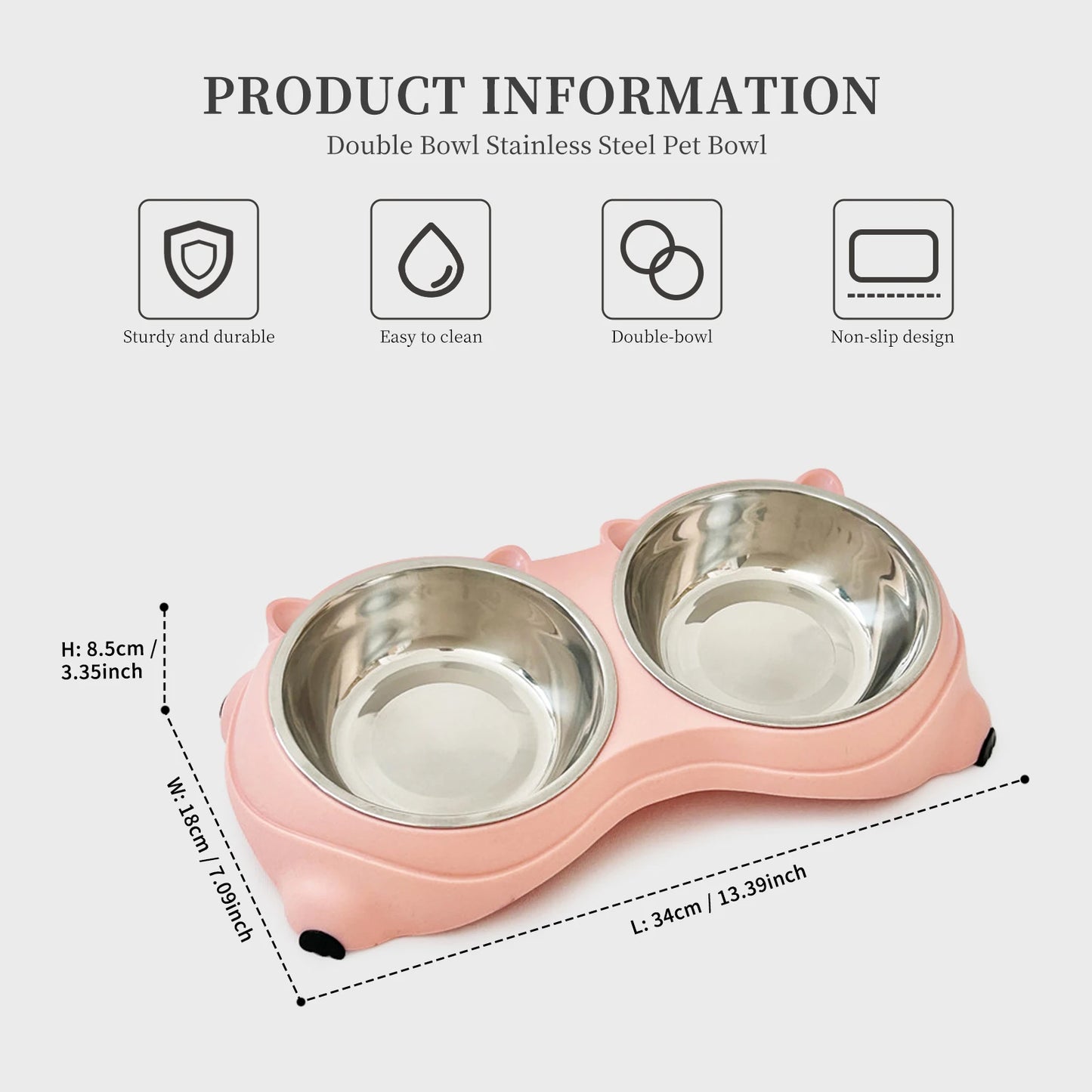 Non Slip Stainless Steel Pet Food Bowl Dual Bowls With Non Skid Base 600ml