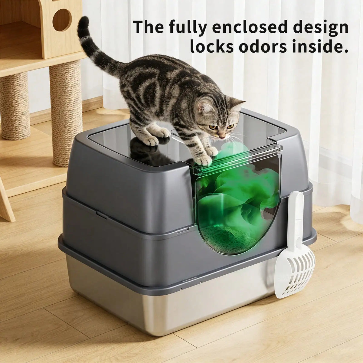 Stainless Steel Enclosed Cat Litter Box With Lid Odor Control