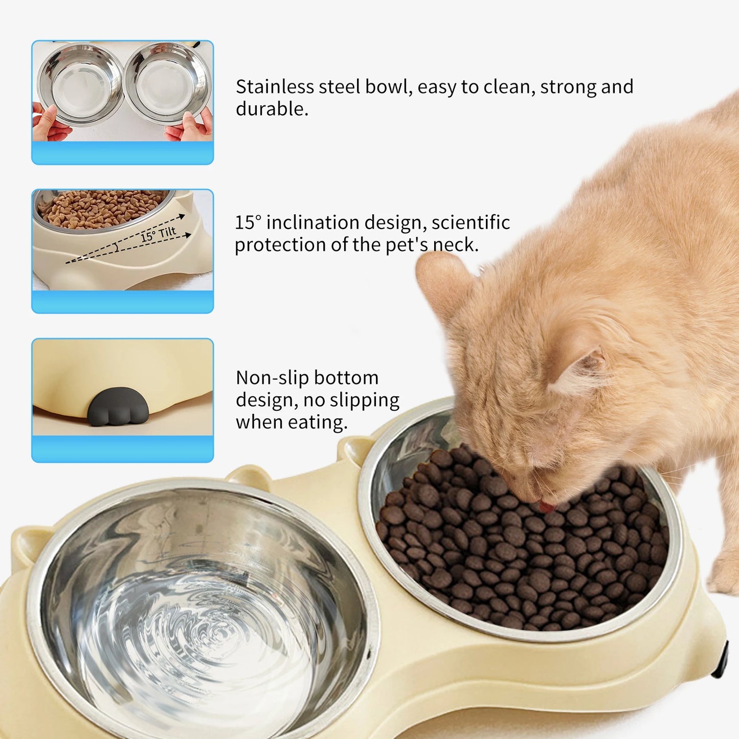 Non Slip Stainless Steel Pet Food Bowl Dual Bowls With Non Skid Base 600ml