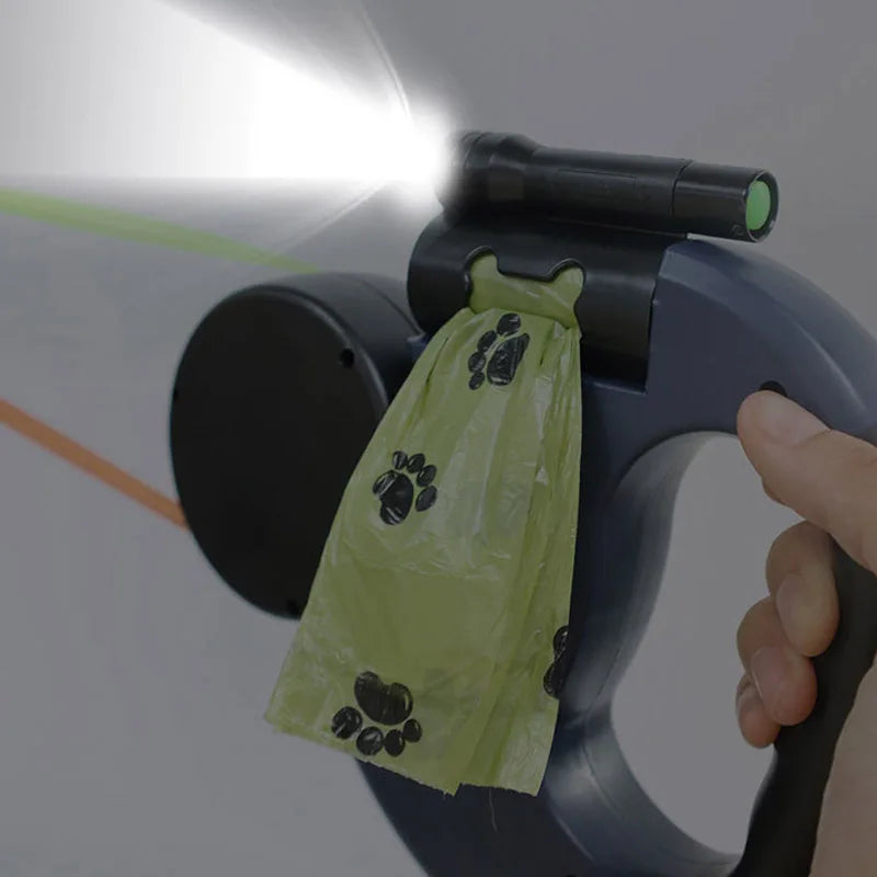 3In1 Retractable Dog Leash With Flashlight Poop Bag Dispenser Reflective