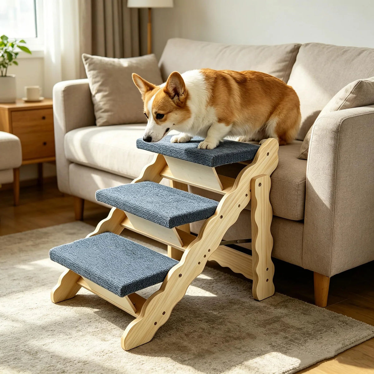 HiMISS 2-in-1 Wooden Pet Stairs And Folding Dog Ramp