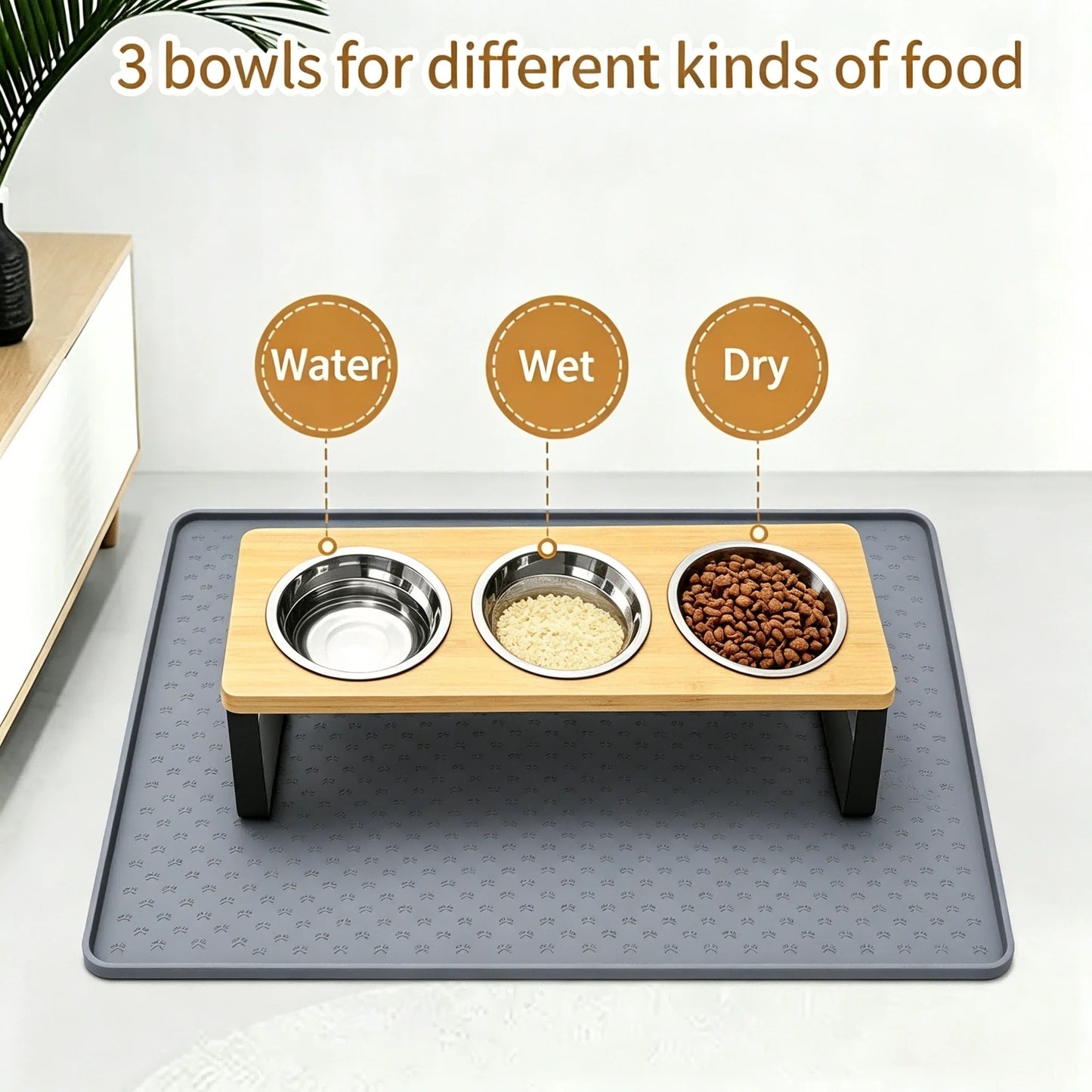 Elevated Cat Feeder With 15 Degree Tilt Bamboo Iron Stand Stainless Bowls