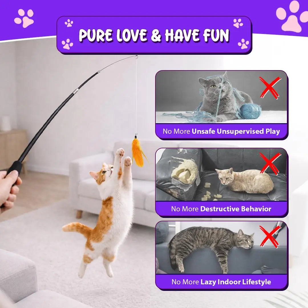 Interactive Cat Wand Toy With Feather Refills Retractable Pole Indoor Play
