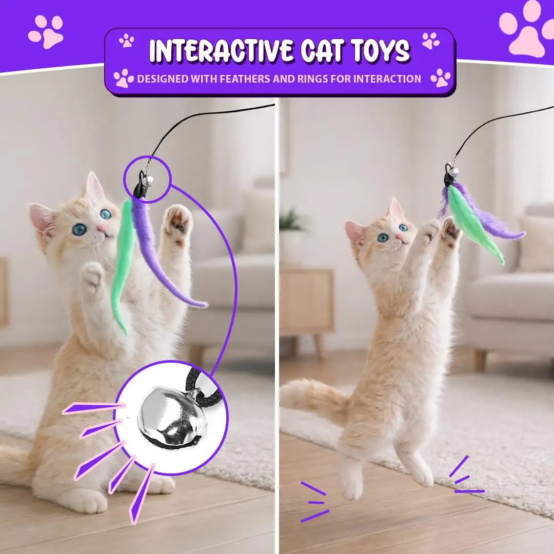 Interactive Cat Wand Toy With Feather Refills Retractable Pole Indoor Play