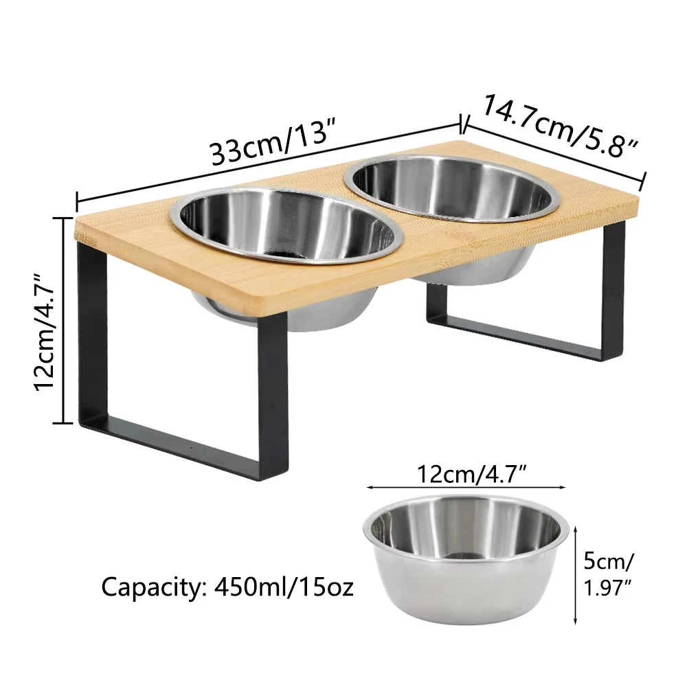 15 Degree Tilted Elevated Stainless Steel Cat Bowls With Wooden Stand
