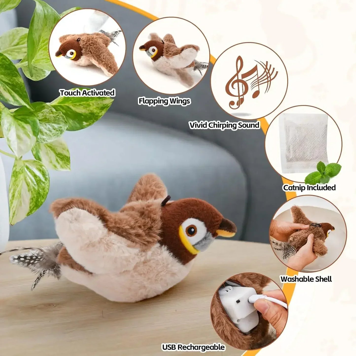 Bird Shaped Cat Toy Rechargeable Chirping Flapping Squeak Plush
