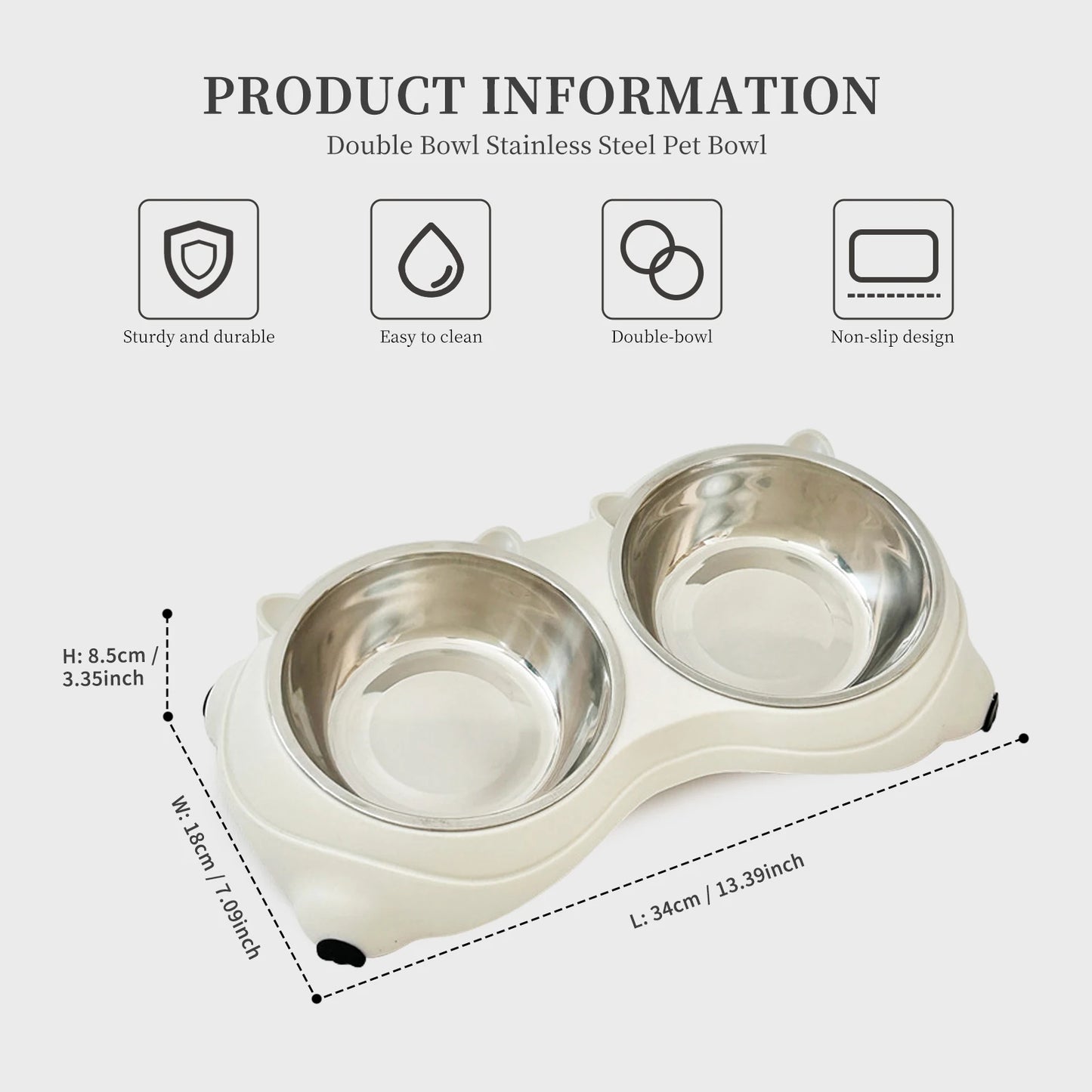 Non Slip Stainless Steel Pet Food Bowl Dual Bowls With Non Skid Base 600ml