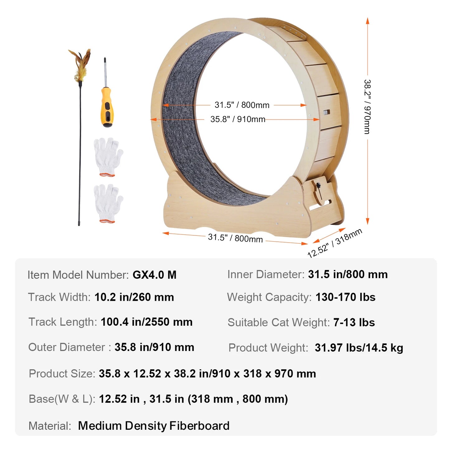 Wooden Cat Exercise Wheel Large Indoor Treadmill With Detachable Carpet
