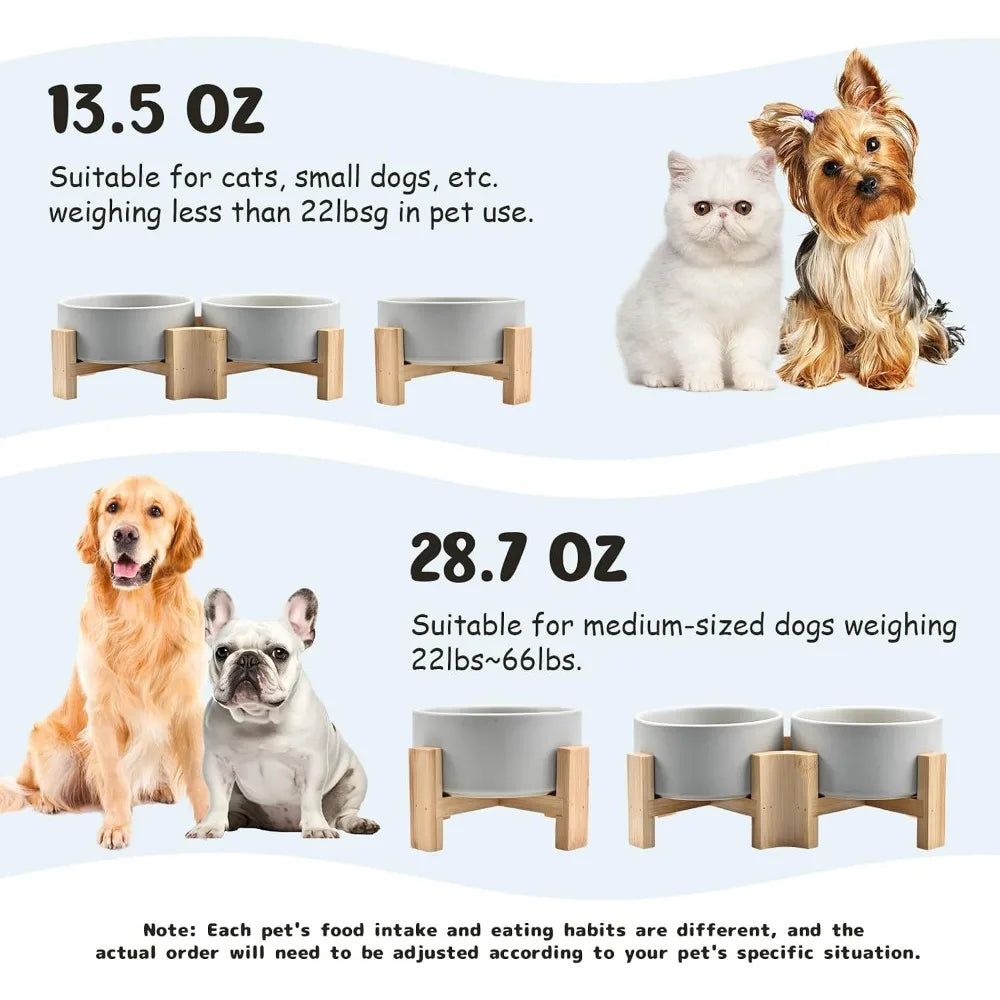 Slanted Ceramic Pet Bowl With Wooden Stand Non Spill For Cats And Medium Dogs