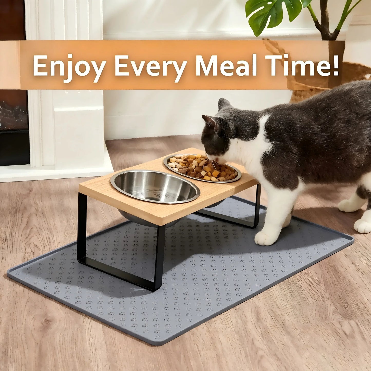 15 Degree Tilted Elevated Stainless Steel Cat Bowls With Wooden Stand