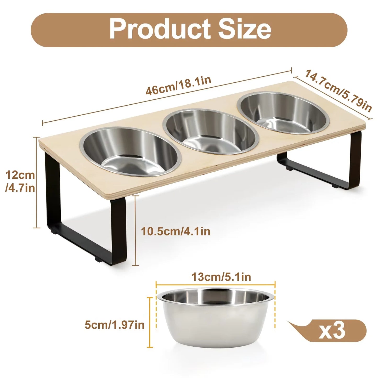 Elevated Cat Feeder With 15 Degree Tilt Bamboo Iron Stand Stainless Bowls