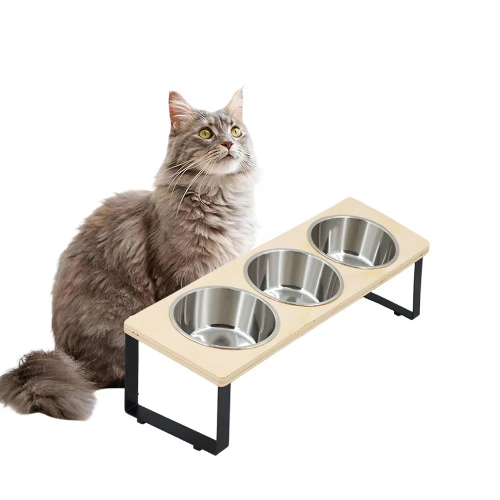 Elevated Cat Feeder With 15 Degree Tilt Bamboo Iron Stand Stainless Bowls