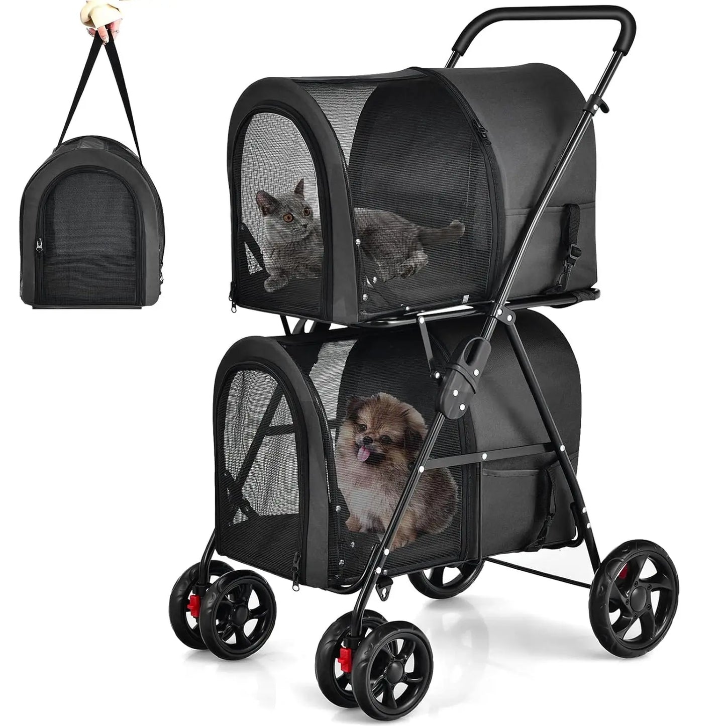 Breed Double Pet Stroller With 2 Removable Carrying Bags