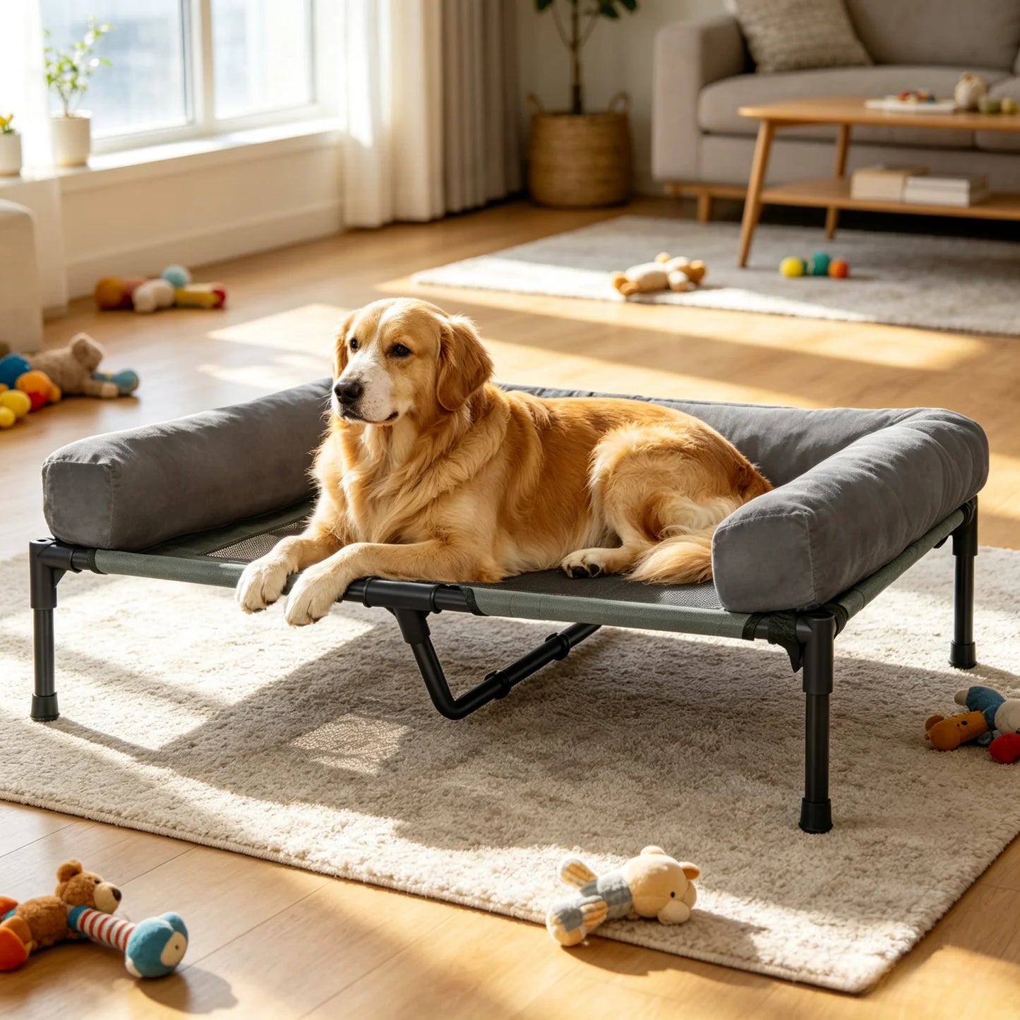 BINGOPAW Elevated Outdoor Indoor Dog Bed Breathable Mesh With Plush Bolster
