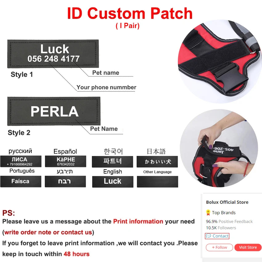 Bolux Personalized No Pull Reflective Dog Harness Vest