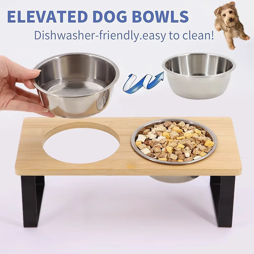 15 Degree Tilted Elevated Stainless Steel Cat Bowls With Wooden Stand