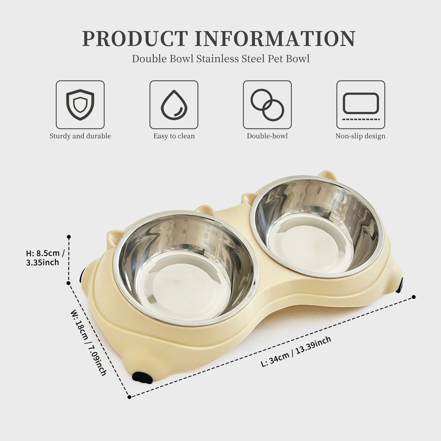 Non Slip Stainless Steel Pet Food Bowl Dual Bowls With Non Skid Base 600ml