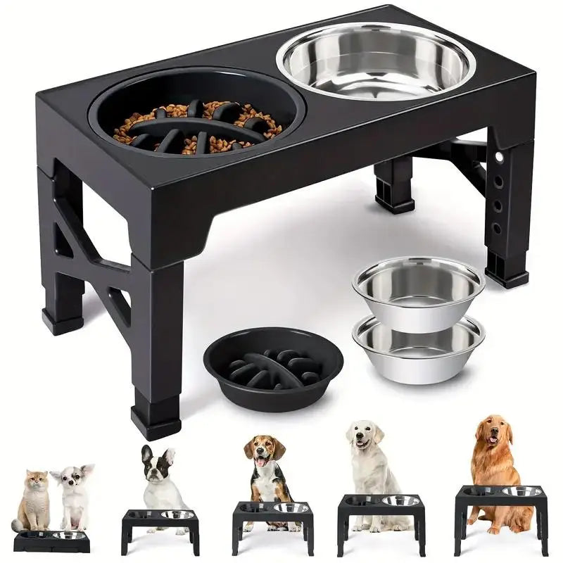 Adjustable Elevated Dog Bowls With Feeder Stand And Stainless Bowls