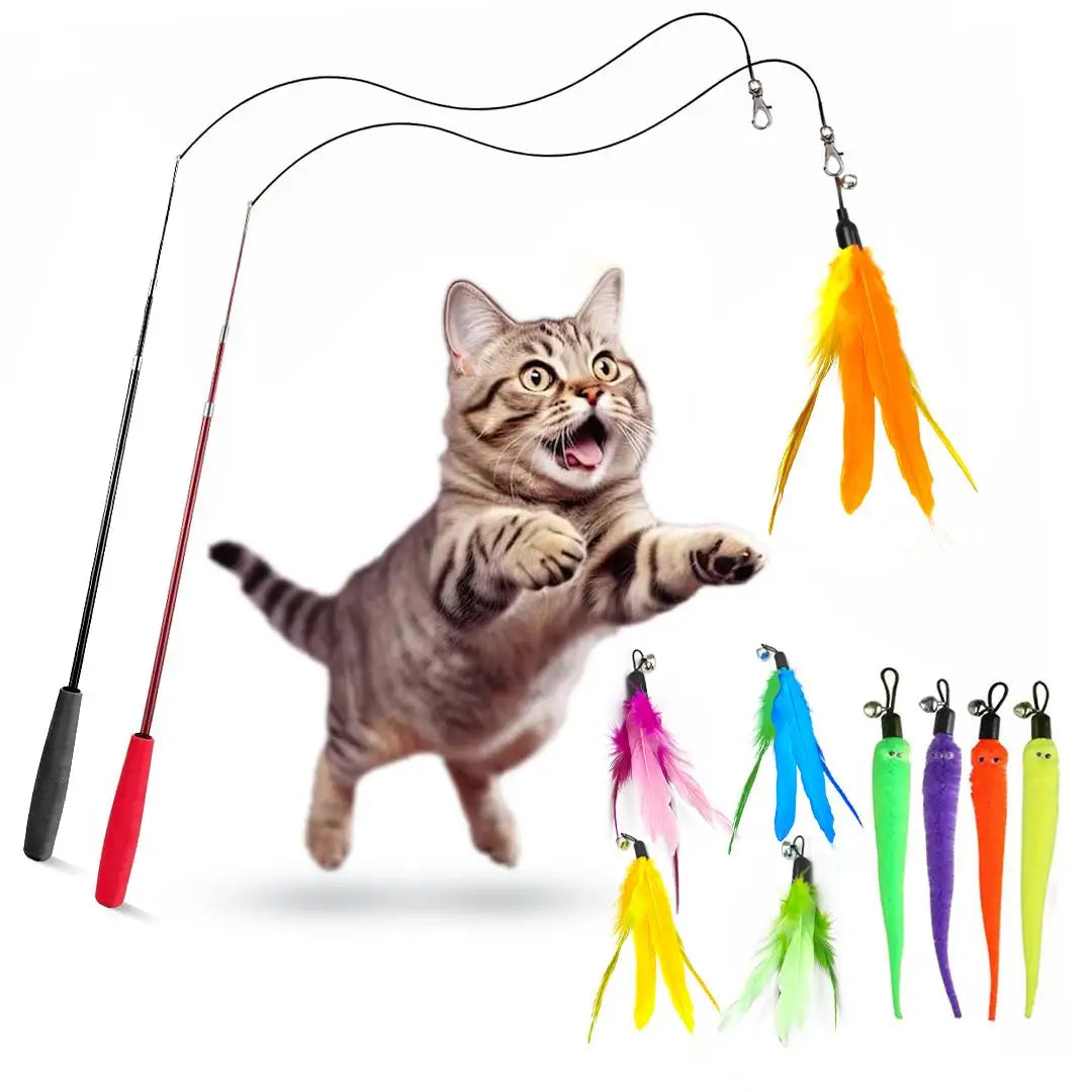 Interactive Cat Wand Toy With Feather Refills Retractable Pole Indoor Play