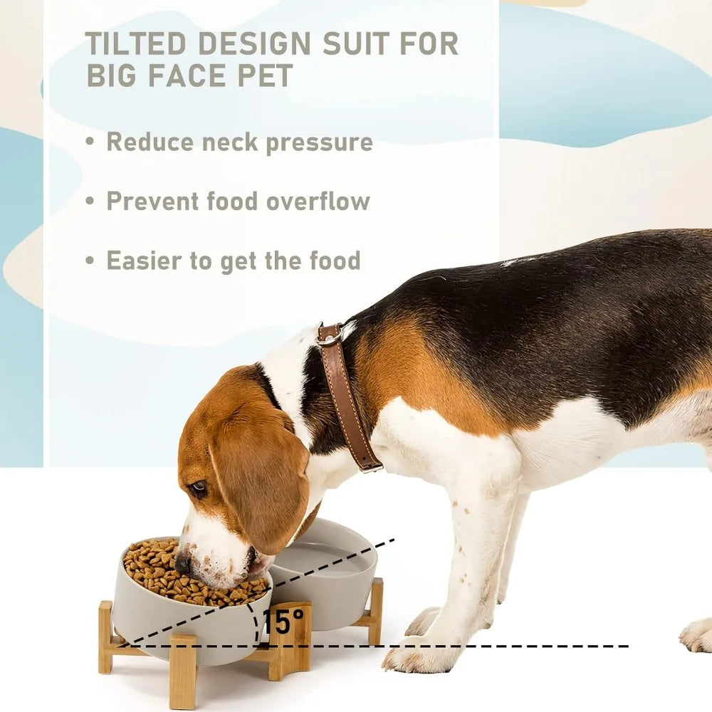 Slanted Ceramic Pet Bowl With Wooden Stand Non Spill For Cats And Medium Dogs