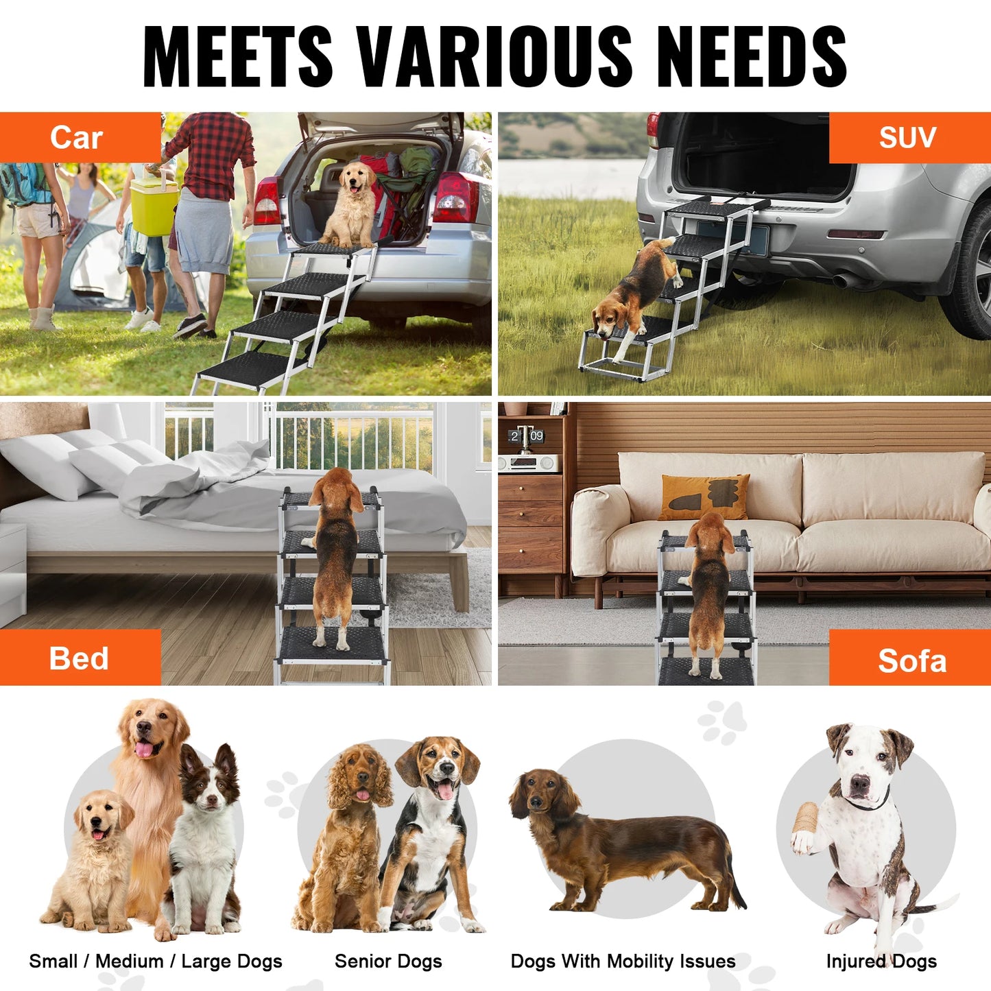 SucceBuy Folding Portable Dog Stair For Cars Aluminum Steps