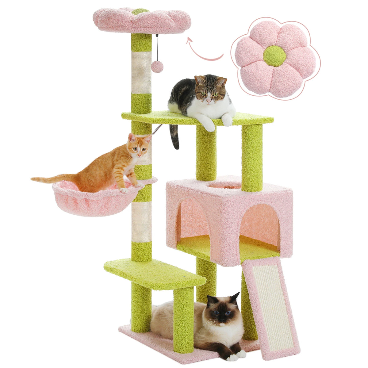 PEQULTI Flower Cat Tree With Hammock Scratching Posts And Perch