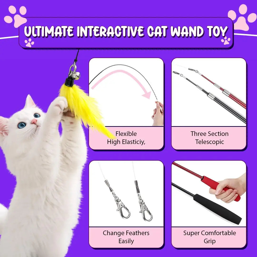 Interactive Cat Wand Toy With Feather Refills Retractable Pole Indoor Play
