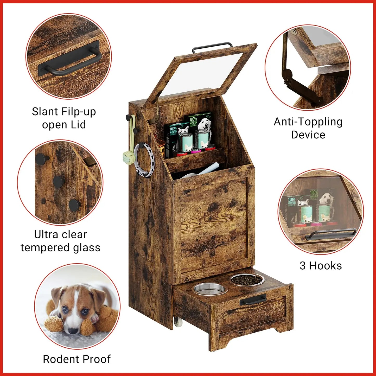 HiMISSH Dog Food Storage Cabinet With Flip Top Leash Hooks