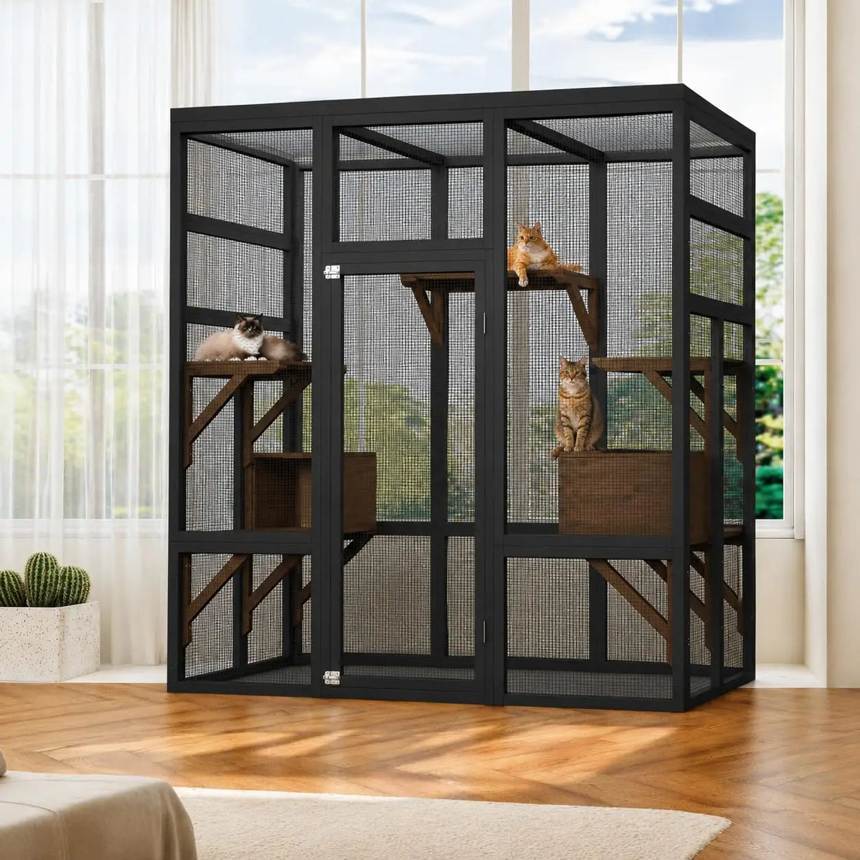 HiMISS Outdoor Cat Enclosure Catio Wood House With UV Roof And Platforms
