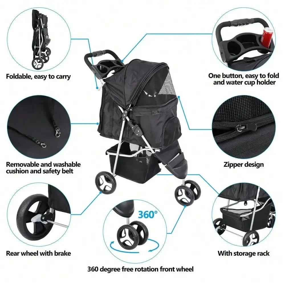Three Wheel Dog Stroller Foldable Pet Carrier With Cup Holder