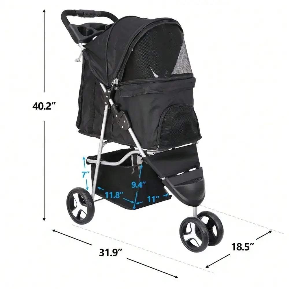 Three Wheel Dog Stroller Foldable Pet Carrier With Cup Holder