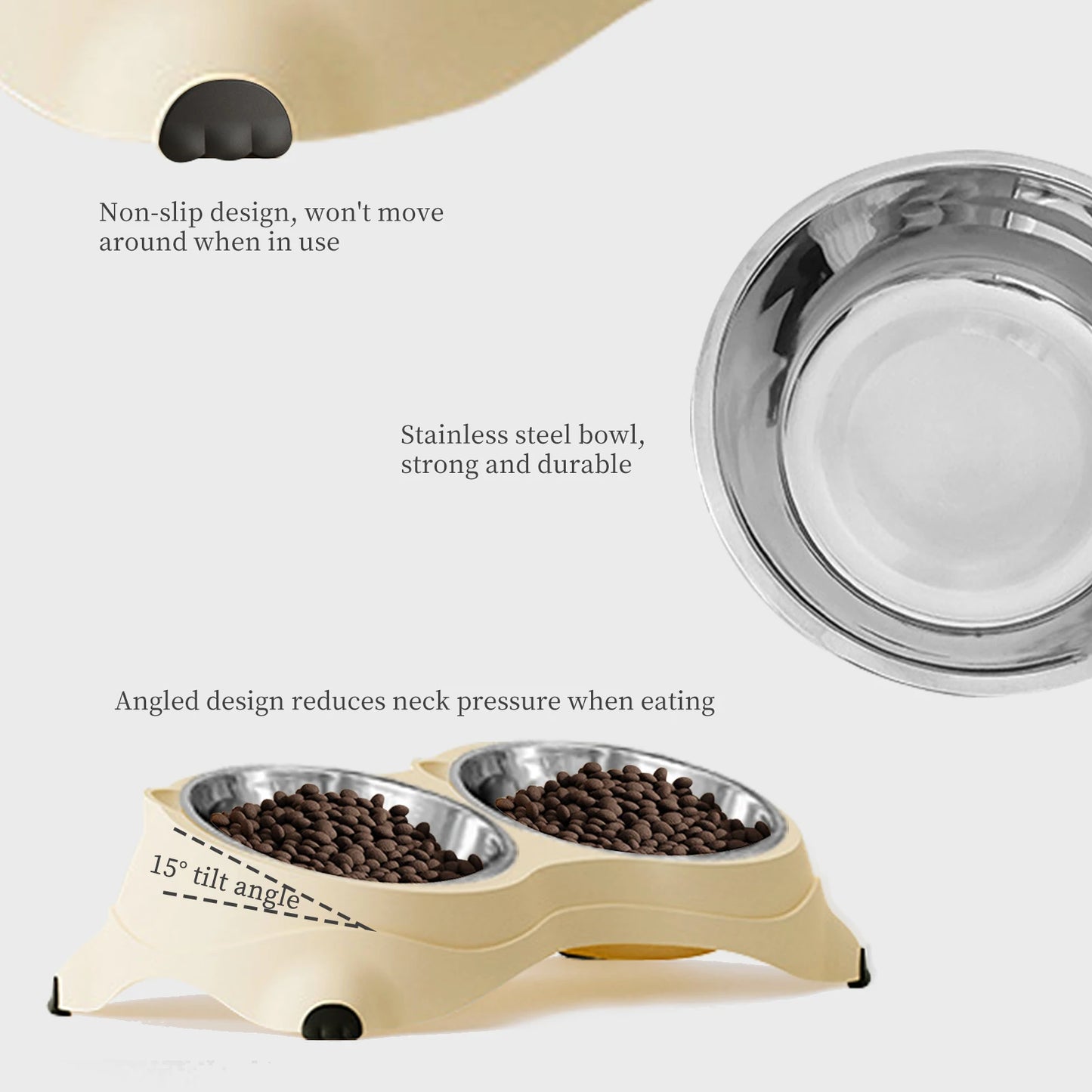 Non Slip Stainless Steel Pet Food Bowl Dual Bowls With Non Skid Base 600ml