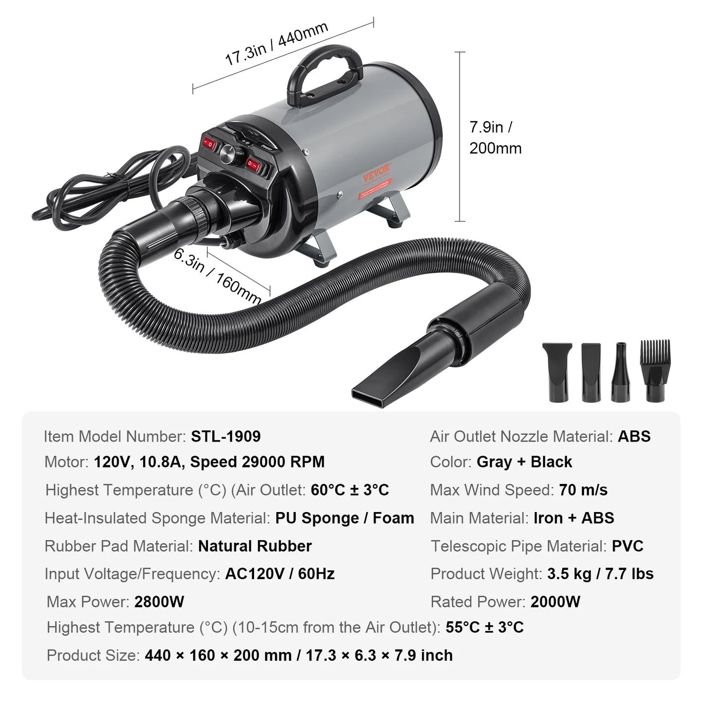 SucceBuy 2000W Dog Dryer With Adjustable Speed And Temperature Control 4 Nozzles