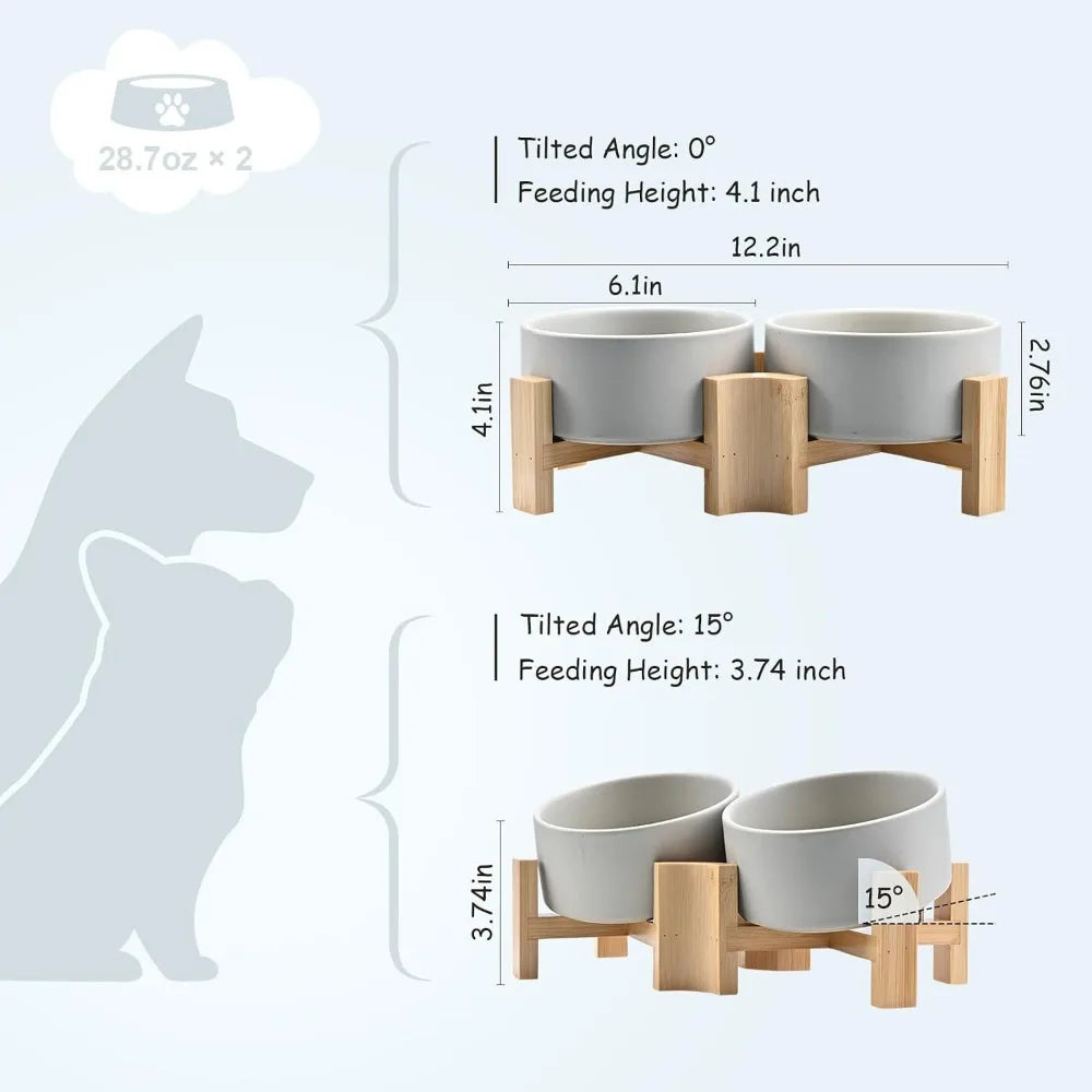 Slanted Ceramic Pet Bowl With Wooden Stand Non Spill For Cats And Medium Dogs