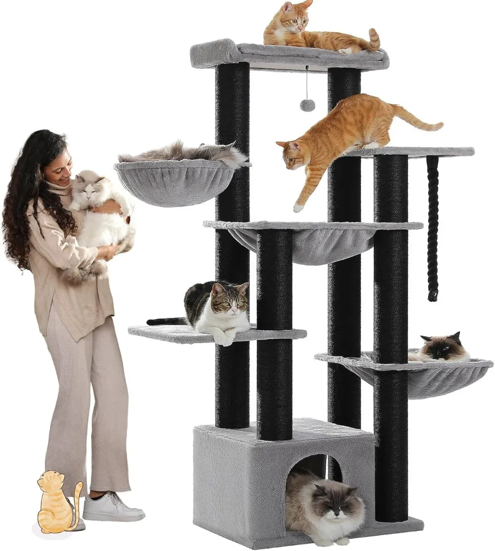 Three-Tier Wooden Cat Tree With Scratching Posts And Condo