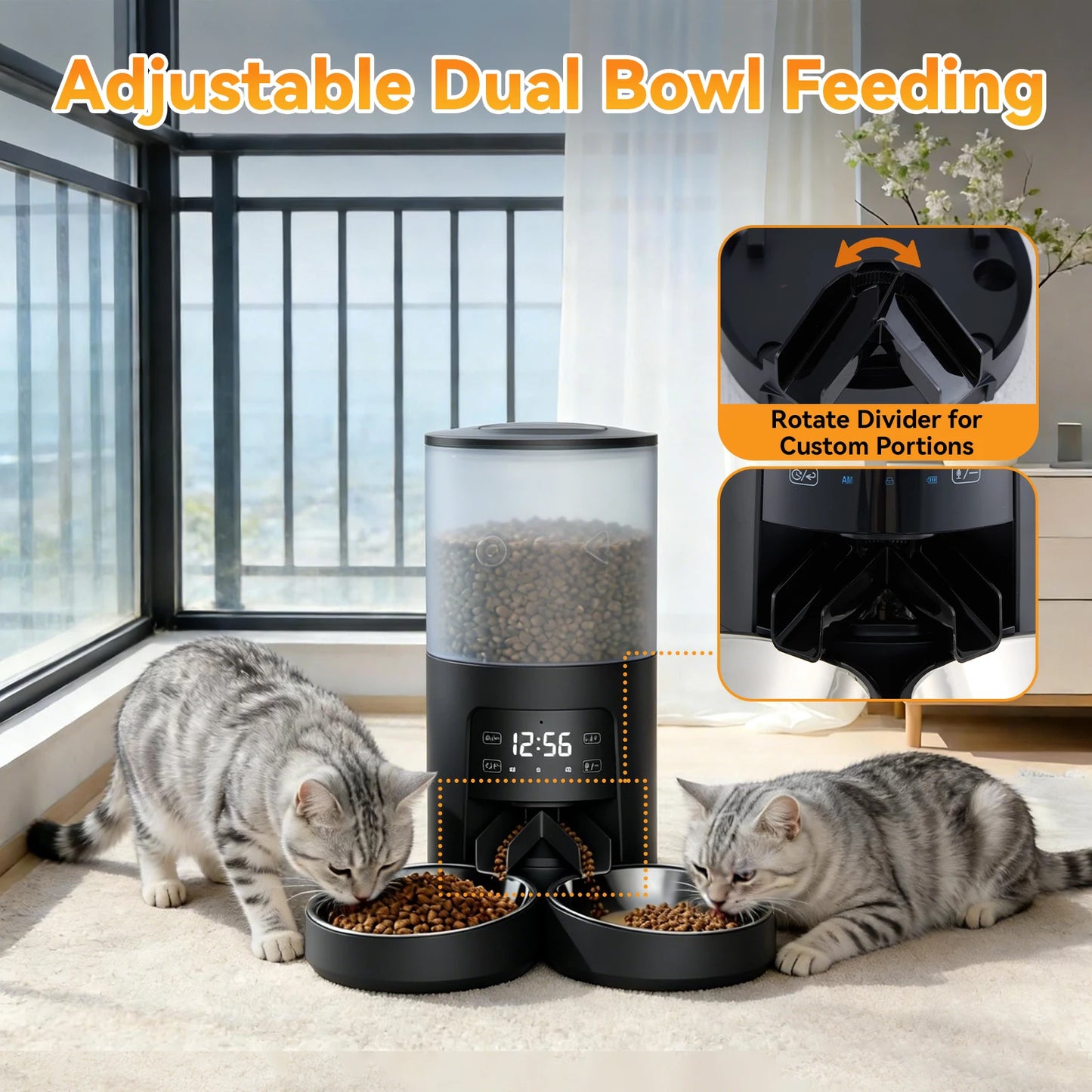 Automatic Cat Feeder With Timed Dispenser And Dual Stainless Bowls